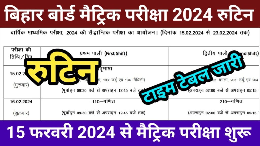 Bihar Board 10th Exam Date 2024 Time Table PDF
